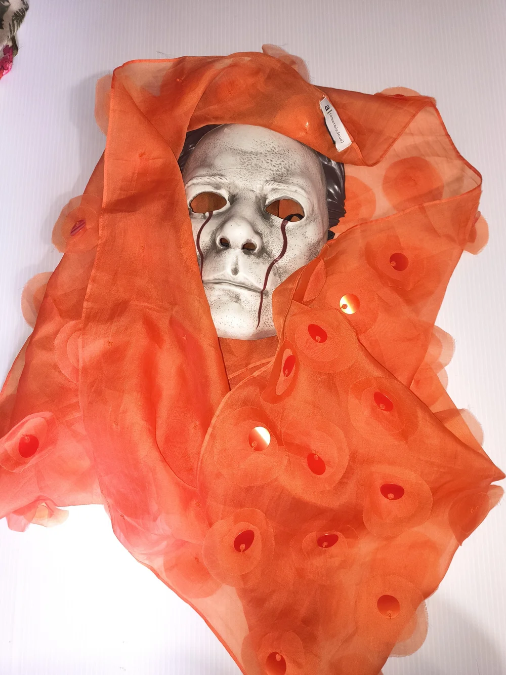 Amet & Ladoue Luxury Sheer Orange Embellished Scarf Wrap - Rare 3D Sequin Detail